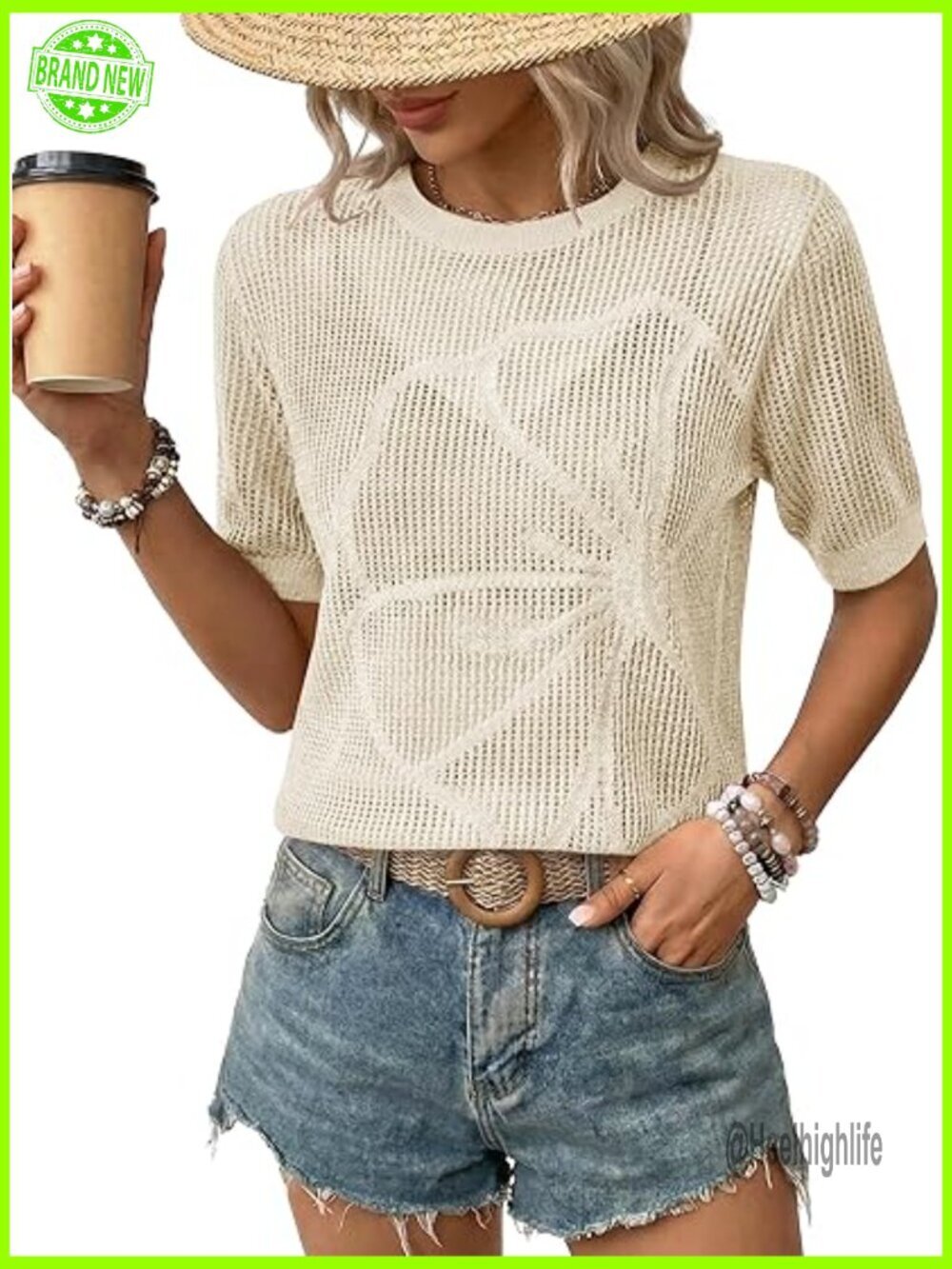 Lightweight Crochet Sweater Coverup Short Sleeve Pullover Summer Beach